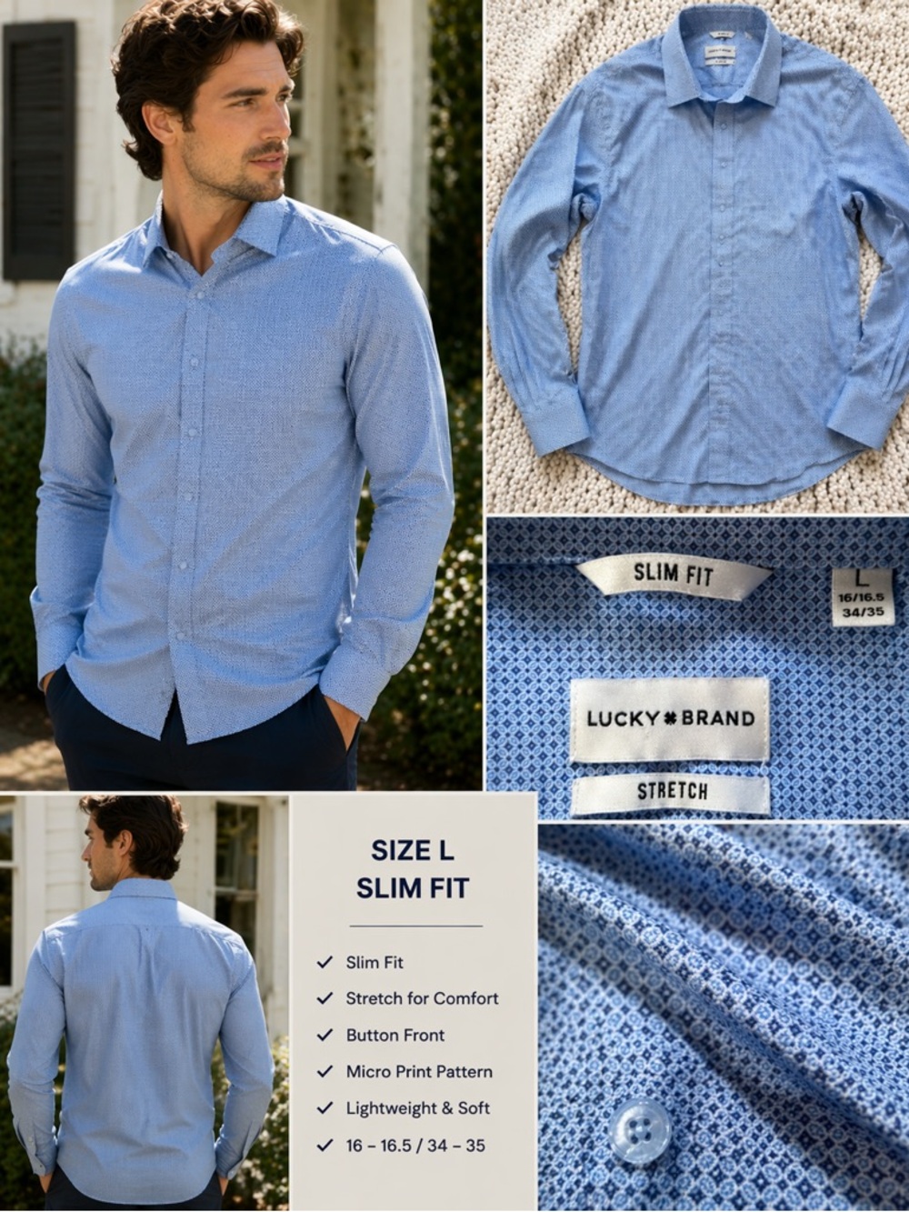 Lucky Brand Slim Fit Button Down L | Blue Micro Print Stretch